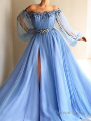 A-Line/Princess Off-the-Shoulder Floor-Length Tulle Prom Dresses With Leg Slit