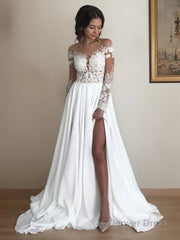 A-Line/Princess Scoop Sweep Train Chiffon Wedding Dresses With Leg Slit