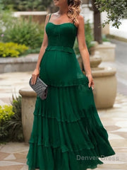 A-Line/Princess Spaghetti Straps Floor-Length Chiffon Prom Dresses With Ruffles