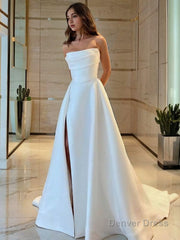 A-Line/Princess Strapless Sweep Train Satin Wedding Dresses With Leg Slit