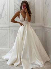 A-Line/Princess V-neck Sweep Train Satin Wedding Dresses