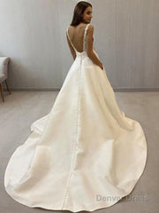 A-Line/Princess V-neck Sweep Train Satin Wedding Dresses