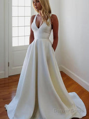 A-Line/Princess V-neck Sweep Train Stretch Crepe Wedding Dresses