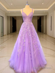 A-Line/Princess V-neck Sweep Train Tulle Prom Dresses With Appliques Lace