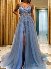 A-Line/Princess V-neck Sweep Train Tulle Prom Dresses With Leg Slit