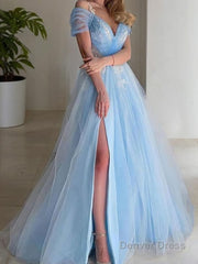 A-Line/Princess V-neck Sweep Train Tulle Prom Dresses With Leg Slit