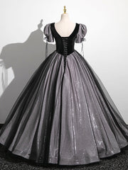 A-Line Puff Sleeves Black Long Prom Dresses, Black Sweet 16 Dresses