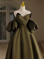 A-Line Puff Sleeves Olive Green Satin Long Prom Dresses, Olive Green Long Evening Dresses