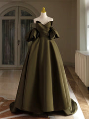 A-Line Puff Sleeves Olive Green Satin Long Prom Dresses, Olive Green Long Formal Dresses