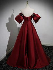 A-Line Puff Sleeves Satin Burgundy Long Prom Dresses, Burgundy Long Formal Dresses