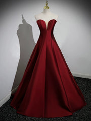 A-Line Puff Sleeves Satin Burgundy Long Prom Dresses, Burgundy Long Formal Dresses