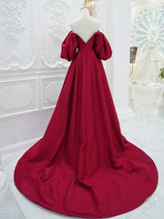 A-Line Puff Sleeves Satin Dark Red Long Prom Dresses, Dark Red Long Evening Dresses