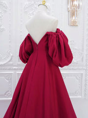 A-Line Puff Sleeves Satin Dark Red Long Prom Dresses, Dark Red Long Evening Dresses