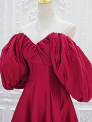 A-Line Puff Sleeves Satin Dark Red Long Prom Dresses, Dark Red Long Evening Dresses