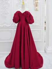 A-Line Puff Sleeves Satin Dark Red Long Prom Dresses, Dark Red Long Evening Dresses