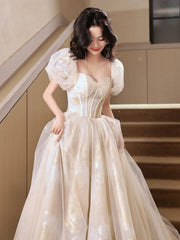 A-Line Puff Sleeves Tulle Lace Champagne Long Prom Dresses