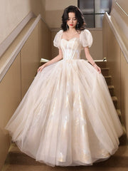 A-Line Puff Sleeves Tulle Lace Champagne Long Prom Dresses