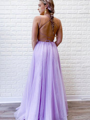 A Line Purple Backless Tulle Long Prom Dresses