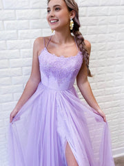 A Line Purple Backless Tulle Long Prom Dresses