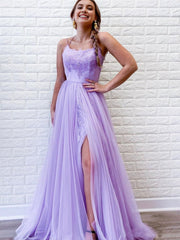 A Line Purple Backless Tulle Long Prom Dresses