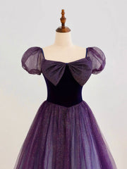 A-Line Purple Long Prom Dresses, Purple Tulle Evening Dresses