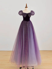 A-Line Purple Long Prom Dresses, Purple Tulle Evening Dresses