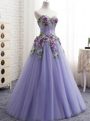 A-Line Purple Tulle Embroidery Appliques Sweetheart Neck Prom Dresses