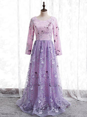 A-Line Purple Tulle Embroidery Long Sleeve Prom Dresses