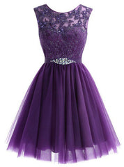 A-Line Purple Tulle Lace Apliques Beading Homecoming Dresses