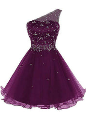 A-Line Purple Tulle One Sholuder Beading Crystal Homecoming Dresses