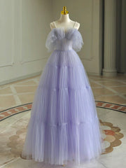 A-Line  Purple Tulle Purple Long Prom Dresses, Purple Long Formal Dresses