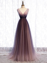 A-line Purple Tulle V-Neck Pleats Sleeveless Prom Dresses