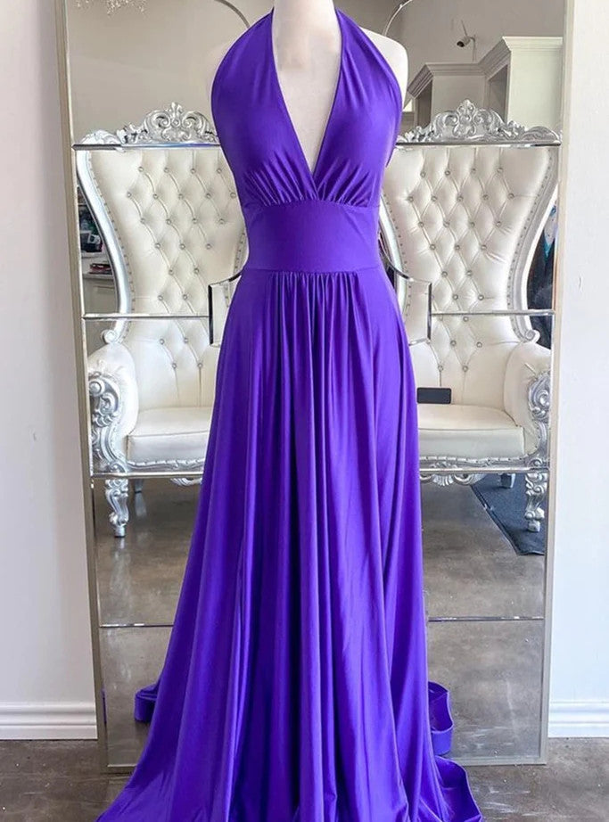 A-Line Purple V-neck Backless Prom Dress