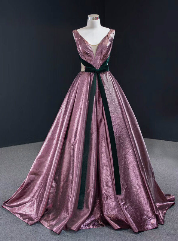 A-Line Purple V-neck Pleats Long Prom Dress With Green Velvet