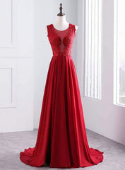 A-Line Red Chiffon Appliques Long Floor Length Prom Dress