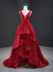 A-line Red  Sequins V-neck Prom Dresses