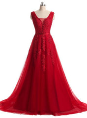 A-line Red Lace V-neck Backless Long Evening Dress