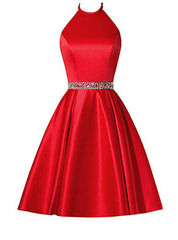 A-Line Red Satin Halter Beaidng Crystal Homecoming Dresses With Pocket