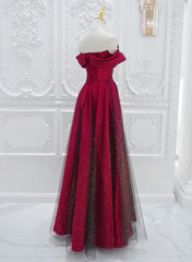 A-Line Red Satin Long Off Shoulder Evening Dresses, Simple Floor Length Prom Dresses