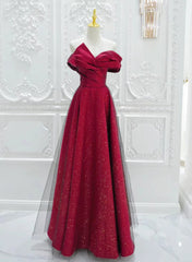 A-Line Red Satin Long Off Shoulder Evening Dresses, Simple Floor Length Prom Dresses