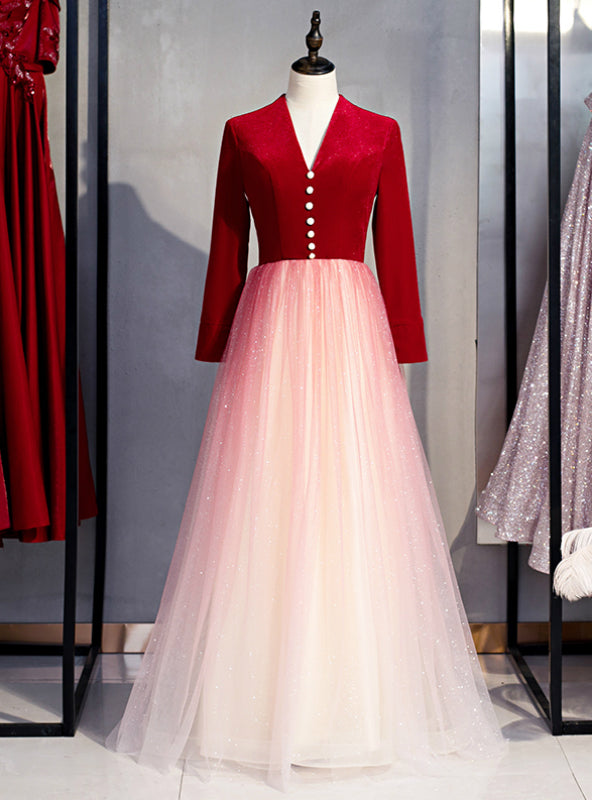 A-Line Red Velvet Tulle Long Sleeve Open Back Prom Dress