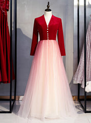 A-Line Red Velvet Tulle Long Sleeve Open Back Prom Dress