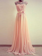 A-Line Round Neck Sweep Train Lace Coral Prom Dresses, Formal Dresses, Lace Bridesmaid Dresses