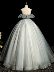 A-Line Round Neck Tulle Gray Blue Long Prom Dresses, Tulle Sequin Lace Long Evening Dresses