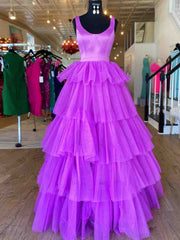 A Line Ruffles Purple Tulle Long Prom Dresses