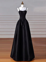 A-Line  Satin Black Long Prom Dresses, Black Long Evening Dresses