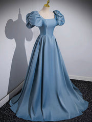 A-Line Satin Blue Long Prom Dresses, Blue Satin Long Evening Dresses