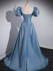 A-Line Satin Blue Long Prom Dresses, Blue Satin Long Evening Dresses