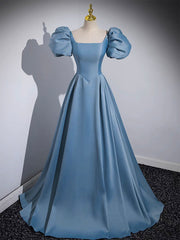 A-Line Satin Blue Long Prom Dresses, Blue Satin Long Evening Dresses