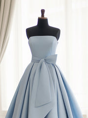 A-Line Satin Blue Long Prom Dresses, Blue Satin Long Formal Dresses